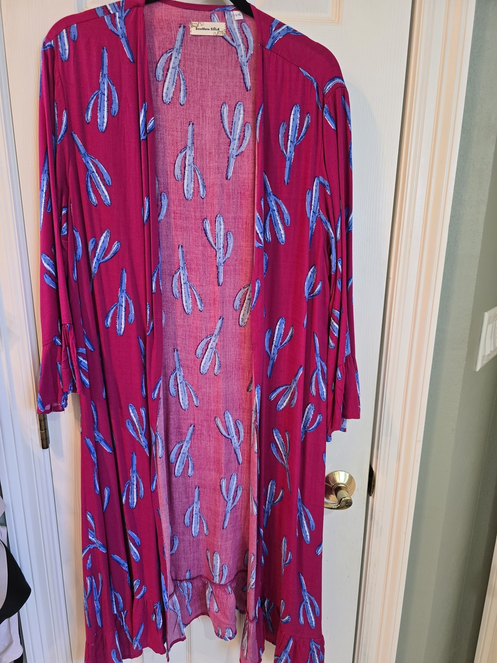 Magenta Boho Western Duster Cardigan with Blue Cactus Print Ruffle Bottom L/XL